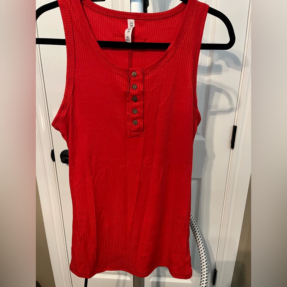 Zenana Red Sleeveless Button-Down Top